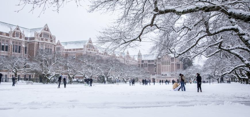 The quad with snow covering the ground.