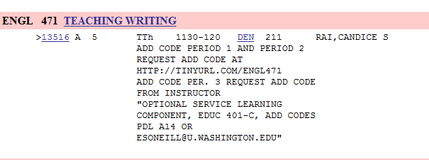 Example of ENGL 471 section in time schedule