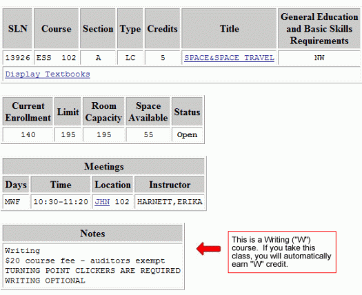 Example of course with Writing credit in time schedule