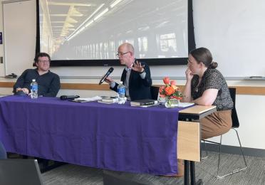 Padraig O Tuama speaking with Charles LaPorte and Molly Porter at the 8th Annual Lee Scheingold Lecture in Poetry and Poetics.