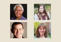 Headshots of four faculty members with recent publications: Shawn Wong, Anna Preus, Chris Holstrom, and Colette Moore