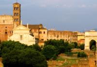 The Roman Forum and Colosseum on a sunny day. 