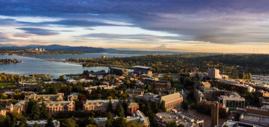 Aerial view of UW Seattle campus with Union Bay and Lake Washington in background