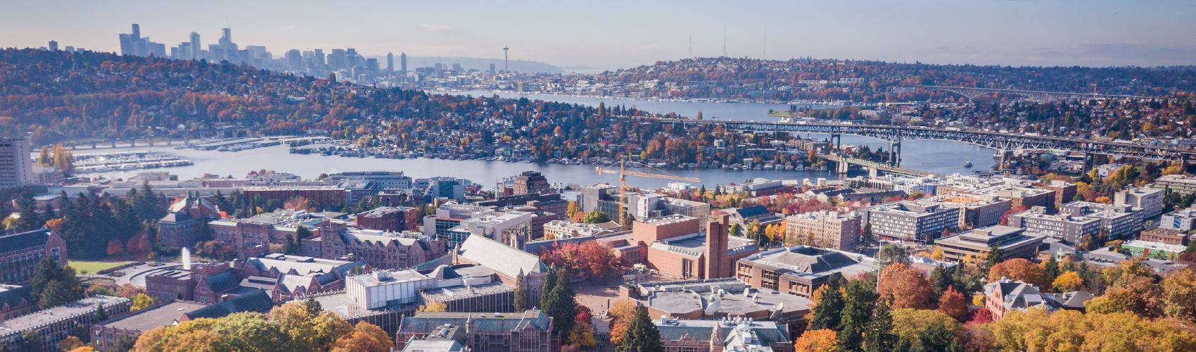 Aerial shot of UW campus with Seattle skyline in the background